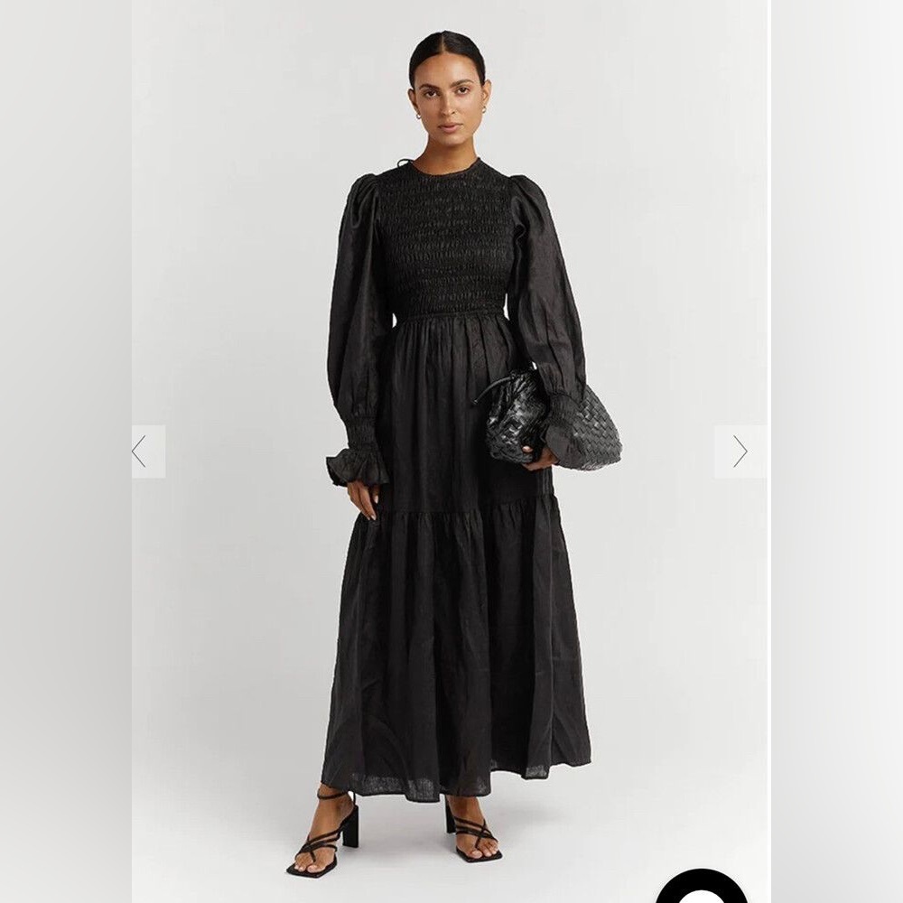 NWOT DISSH Jorja Linen Black Maxi Dress Long Sleeve Open Back Size XS/S